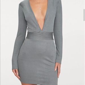 Low V-Neck Grey Long Sleeve Mini Dress